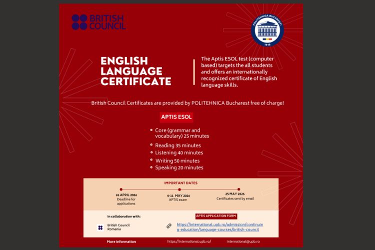 Certificat lingvistic gratuit Aptis ESOL pentru studenții POLITEHNICA Bucuresti